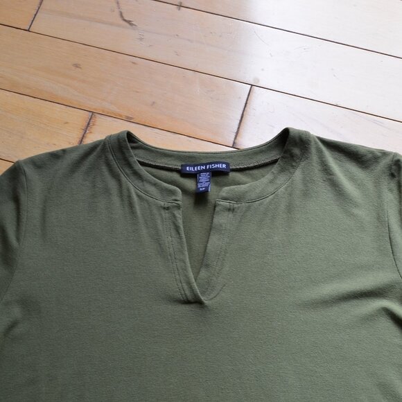 Eileen Fisher Olive Green V-neck Jersey Dress Size S/P - Picture 3 of 10